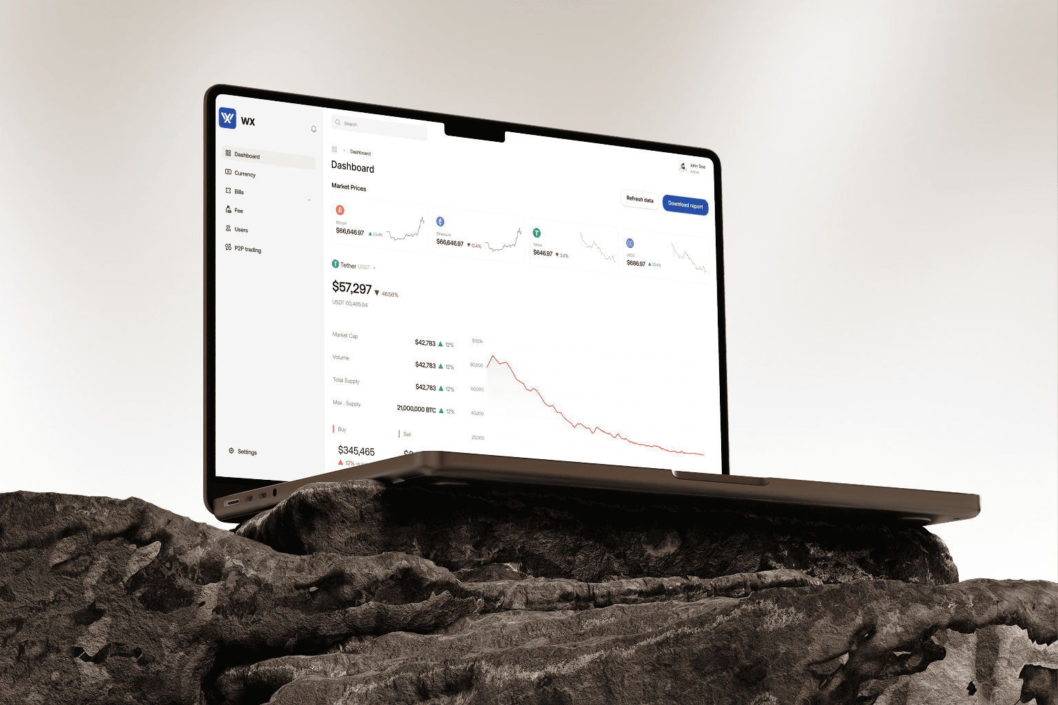 WX crypto exchange dashboard on laptop, market prices and charts