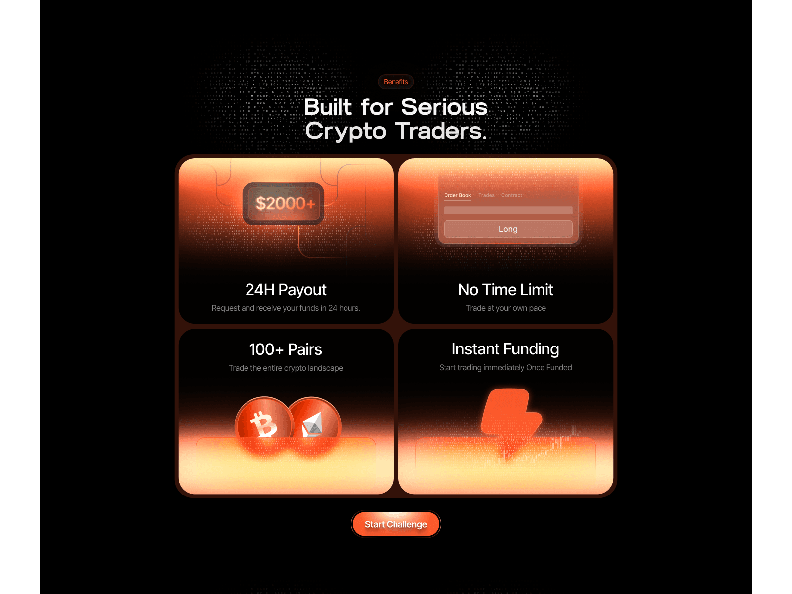 FundingCrypto benefits grid, payouts and instant funding