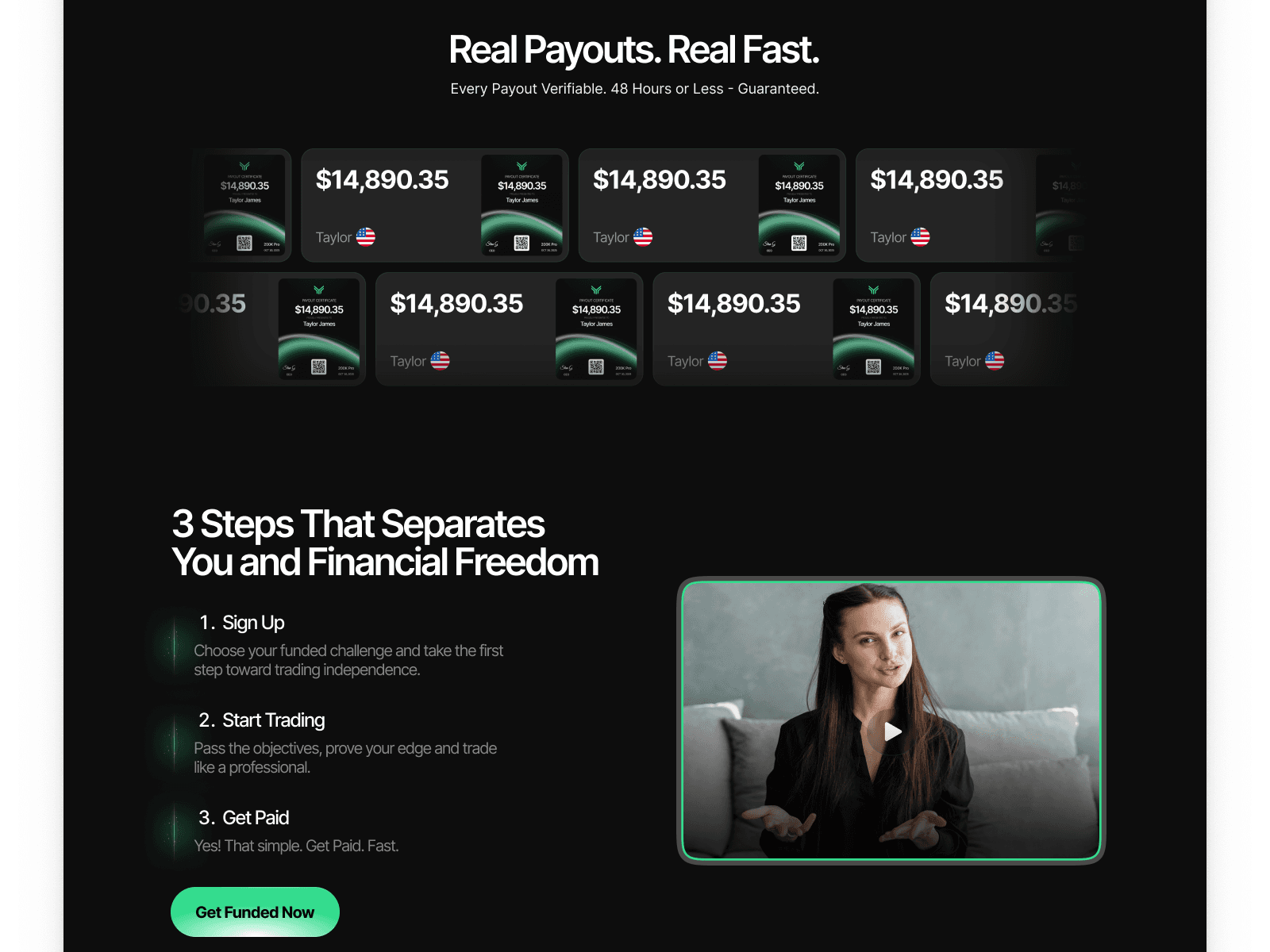 Funding Traders payout certificates and video testimonial