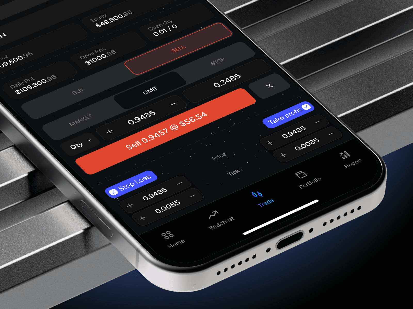 Crypto trading order panel with buy/sell controls, dark theme